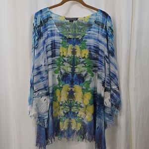 Mushka 1X Georgette Laser Cut Handkerchief Hem Sublimation Blouse Top Blue Boho